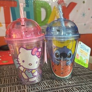 Sanrio Hello Kitty & Stitch Pink and Blue Tumbler Cups. set of two
